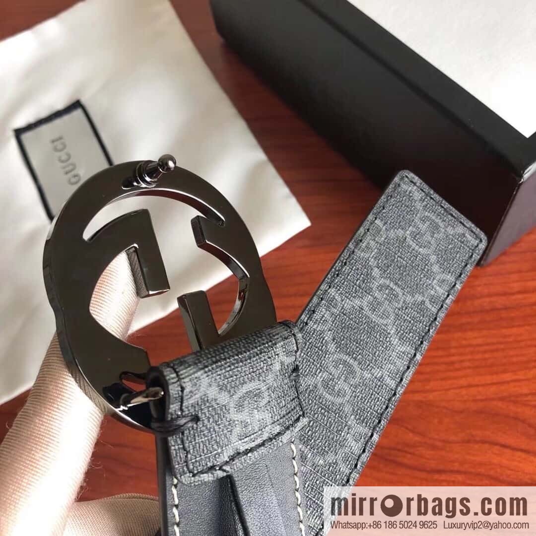 GUCCI Men's Ebony PVC with Leather Metal Plate Buckle Belt 3.8cm