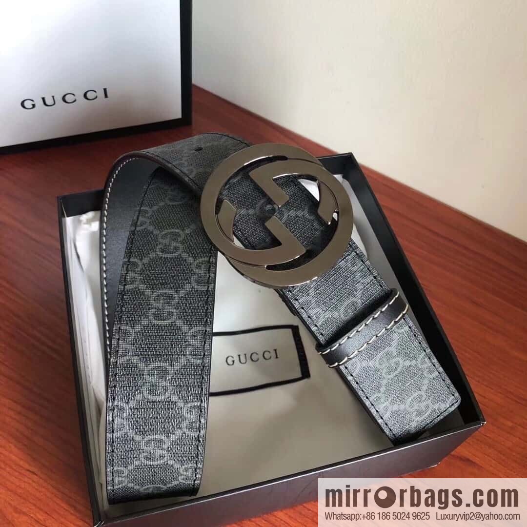 GUCCI Men's Ebony PVC with Leather Metal Plate Buckle Belt 3.8cm