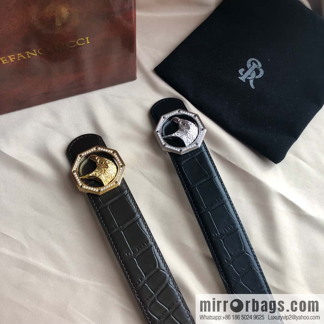 Stefano Ricci Stephen, Stainless Steel Eagle Head with Diamond Buckle 3.8cm Alligator Belt