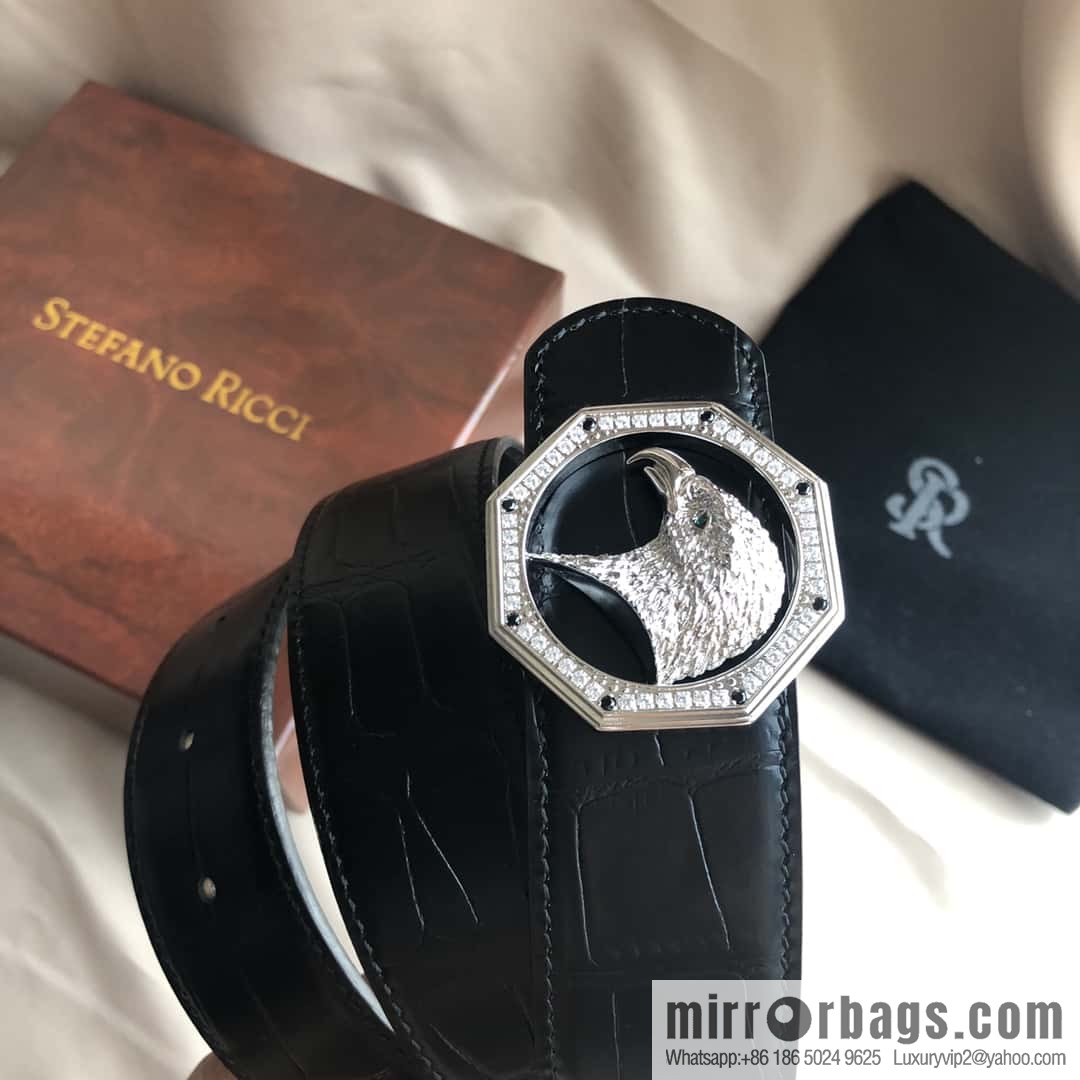 Stefano Ricci Stephen, Stainless Steel Eagle Head with Diamond Buckle 3.8cm Alligator Belt