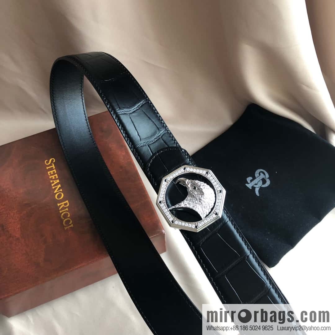 Stefano Ricci Stephen, Stainless Steel Eagle Head with Diamond Buckle 3.8cm Alligator Belt