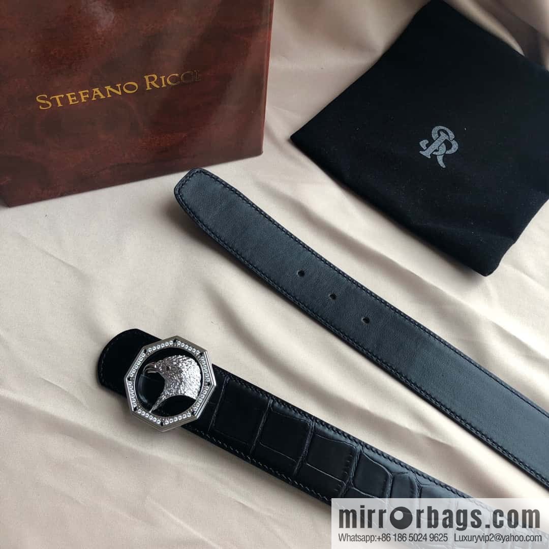 Stefano Ricci Stephen, Stainless Steel Eagle Head with Diamond Buckle 3.8cm Alligator Belt