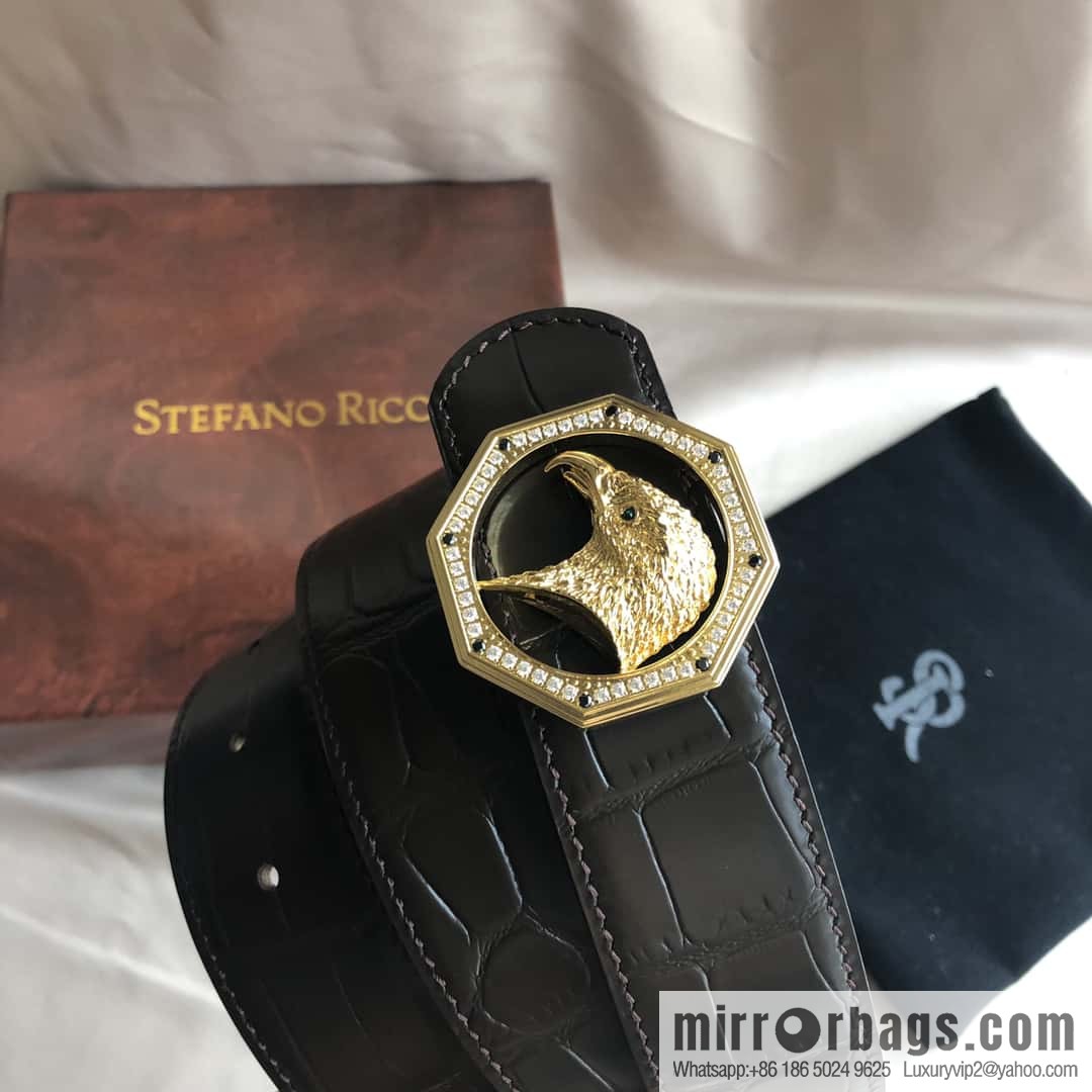 Stefano Ricci Stephen, Stainless Steel Eagle Head with Diamond Buckle 3.8cm Alligator Belt