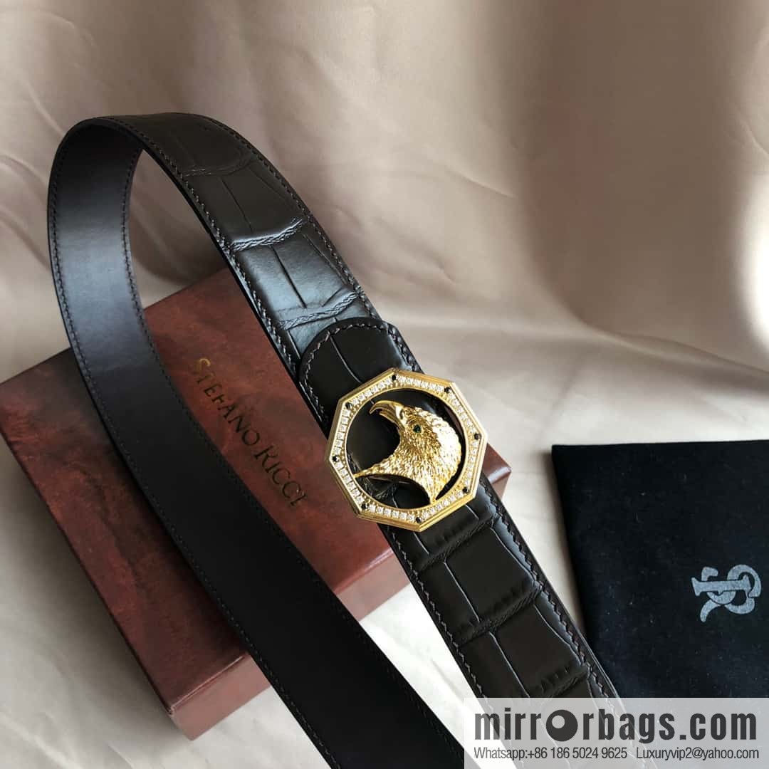 Stefano Ricci Stephen, Stainless Steel Eagle Head with Diamond Buckle 3.8cm Alligator Belt