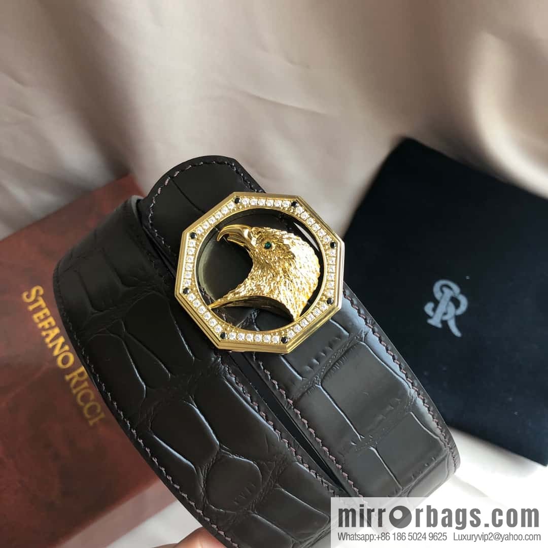 Stefano Ricci Stephen, Stainless Steel Eagle Head with Diamond Buckle 3.8cm Alligator Belt