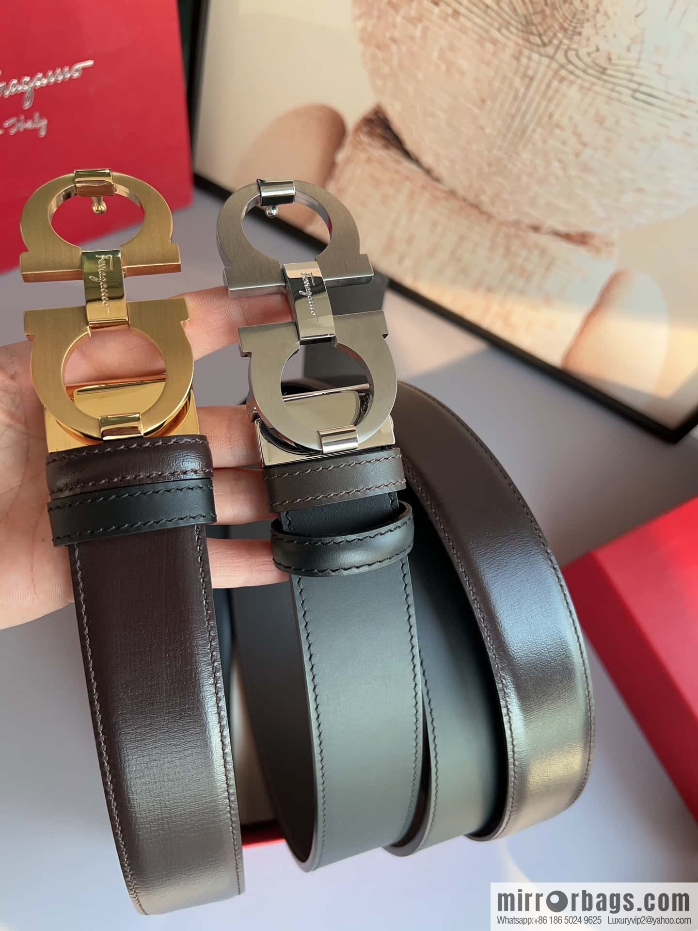 Ferragamo Ferragamo, stainless steel figure 8 metal clasp 3.5cm cowhide belt