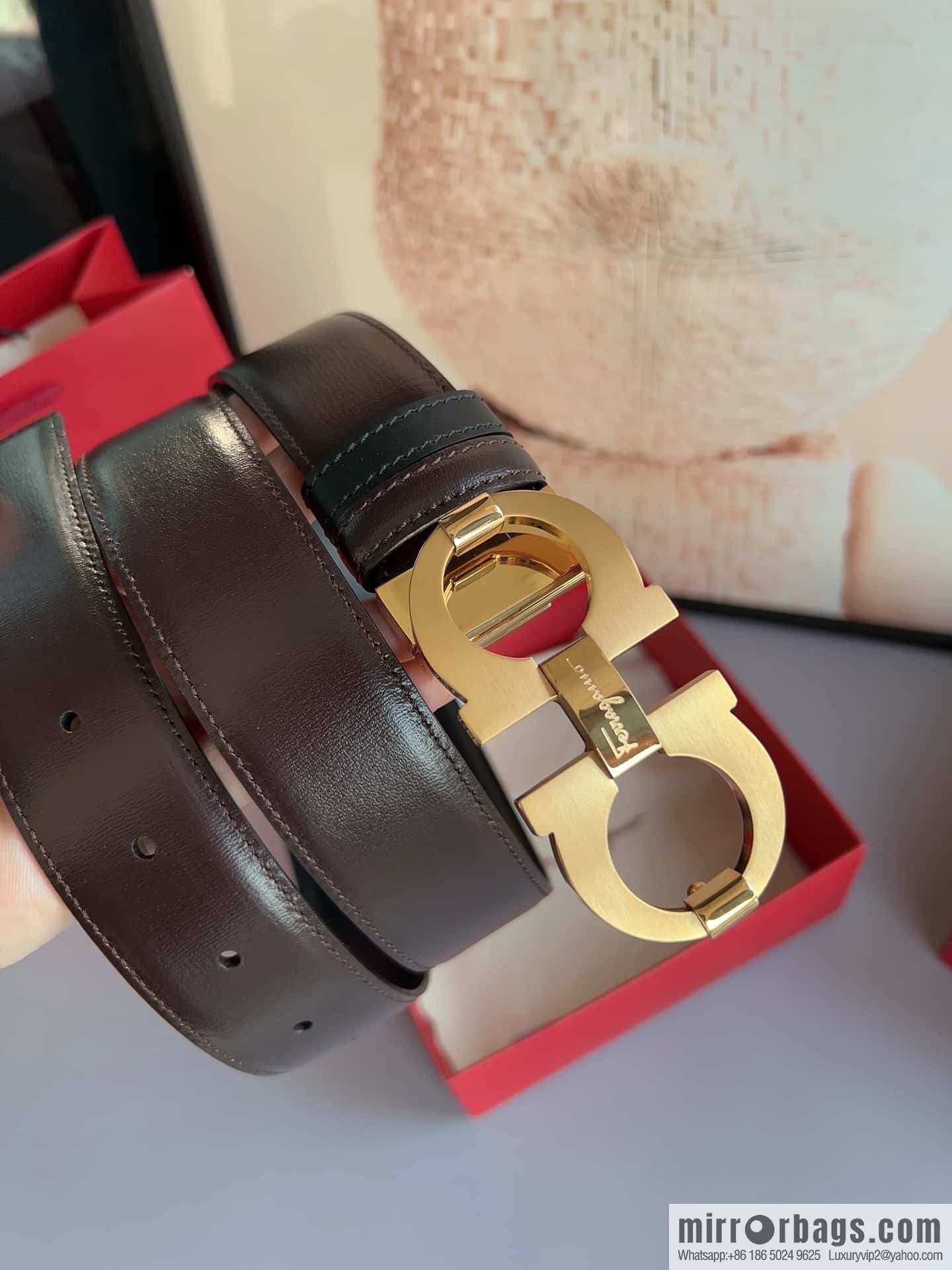 Ferragamo Ferragamo, stainless steel figure 8 metal clasp 3.5cm cowhide belt