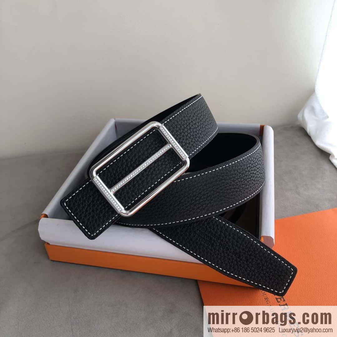 Hermes Hermes, double-sided original lychee with stainless steel inlaid diamond buckle belt 38mm