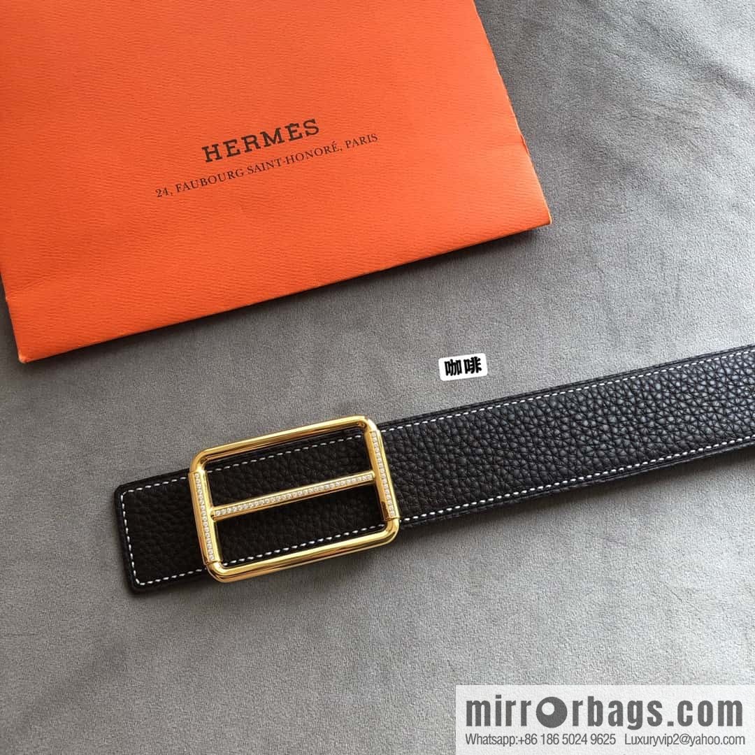 Hermes Hermes, double-sided original lychee with stainless steel inlaid diamond buckle belt 38mm