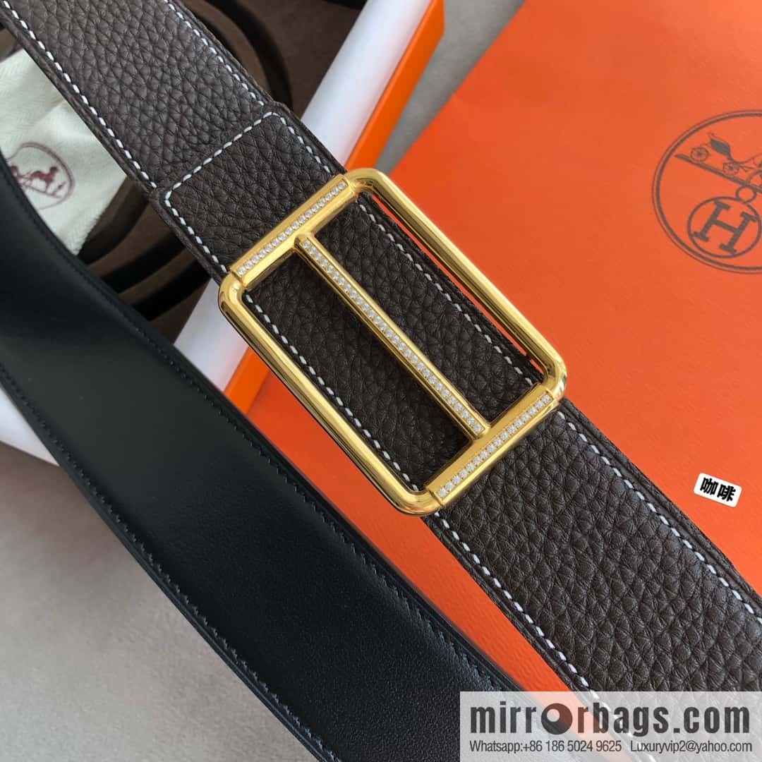Hermes Hermes, double-sided original lychee with stainless steel inlaid diamond buckle belt 38mm