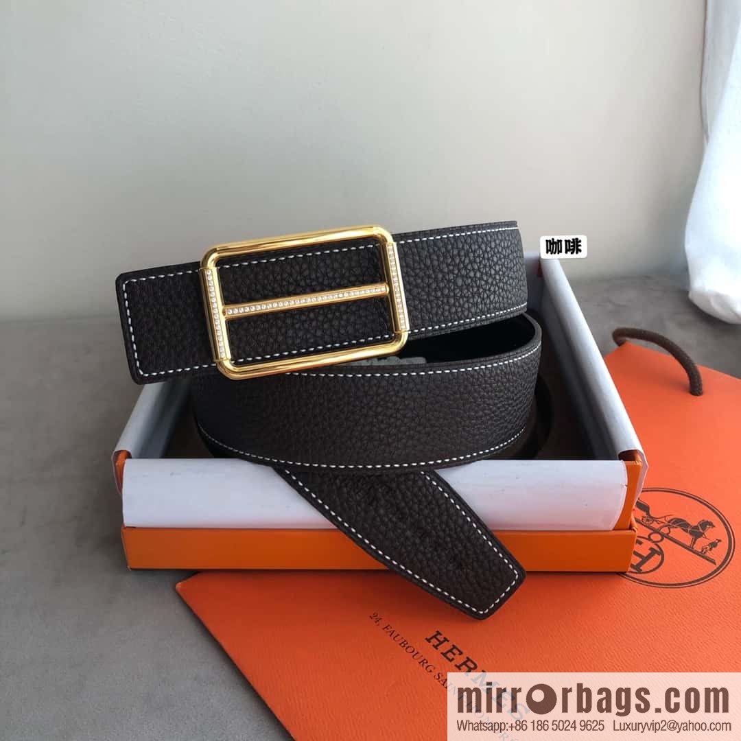 Hermes Hermes, double-sided original lychee with stainless steel inlaid diamond buckle belt 38mm