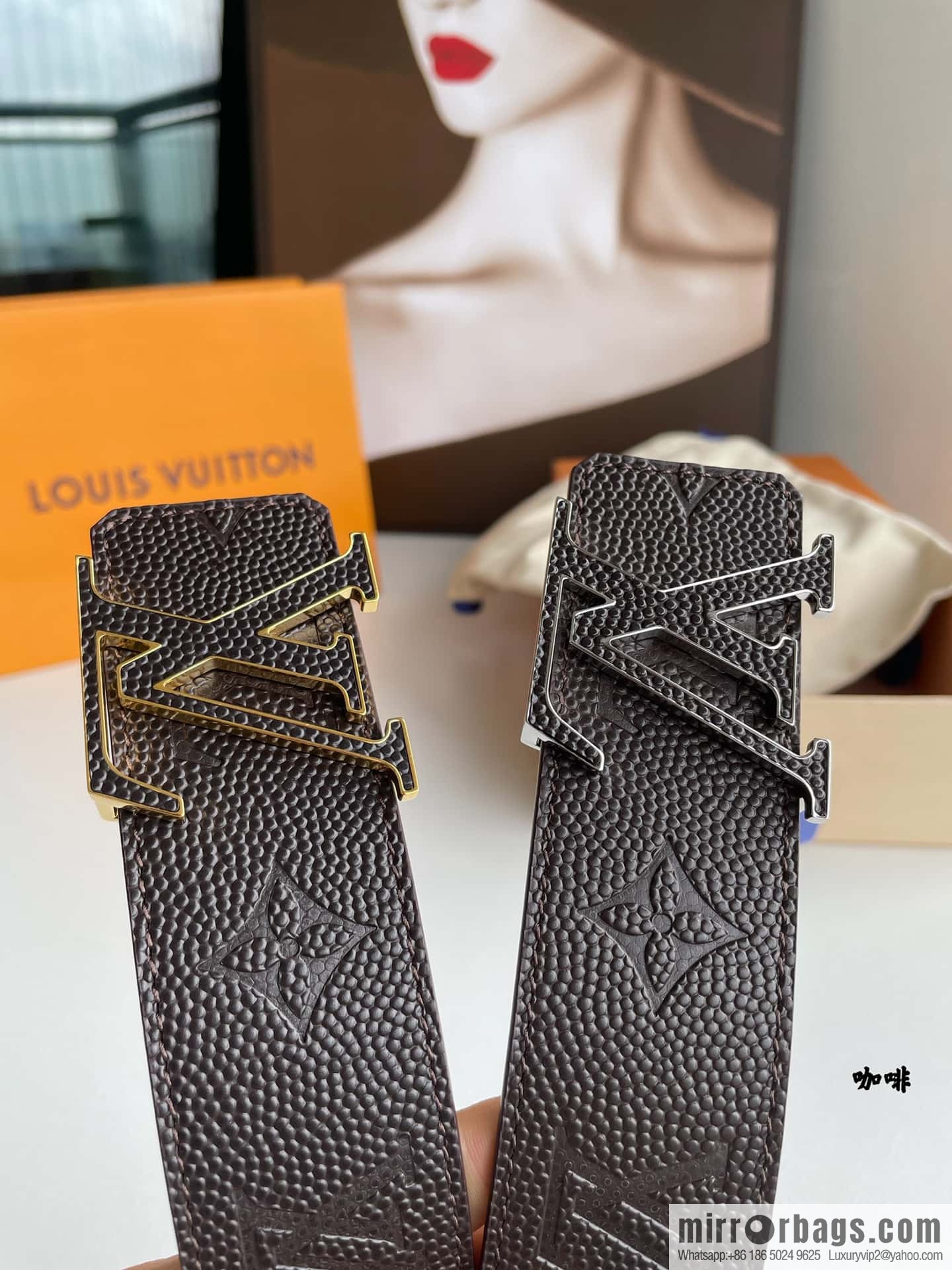 LV embossed presbyopia imported cowhide sticker metal buckle 4.0CM belt