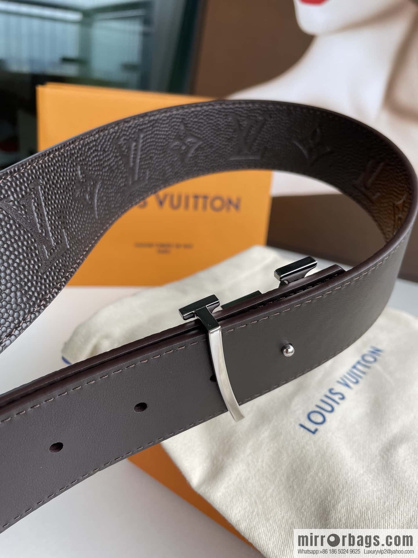 LV embossed presbyopia imported cowhide sticker metal buckle 4.0CM belt