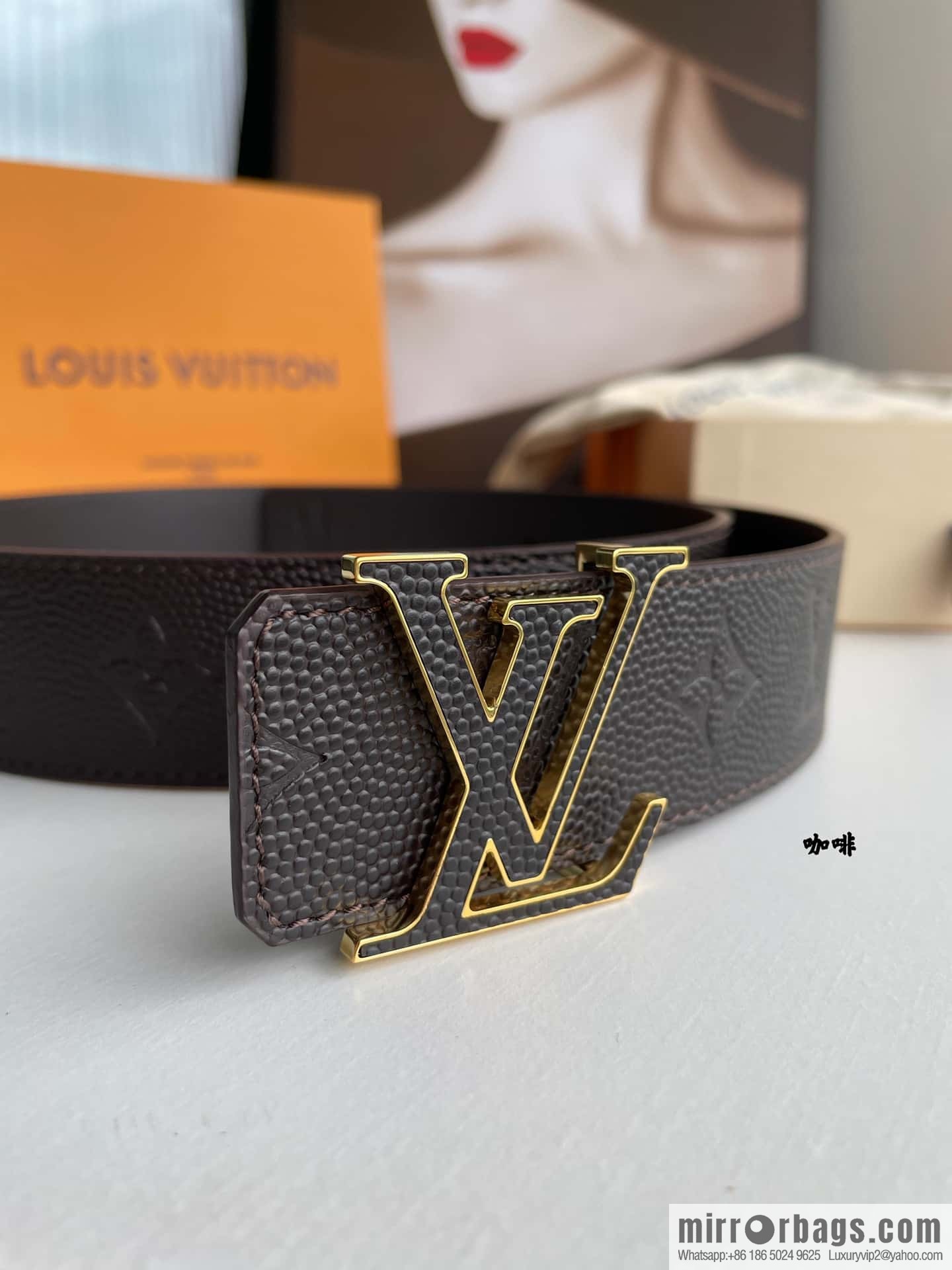 LV embossed presbyopia imported cowhide sticker metal buckle 4.0CM belt