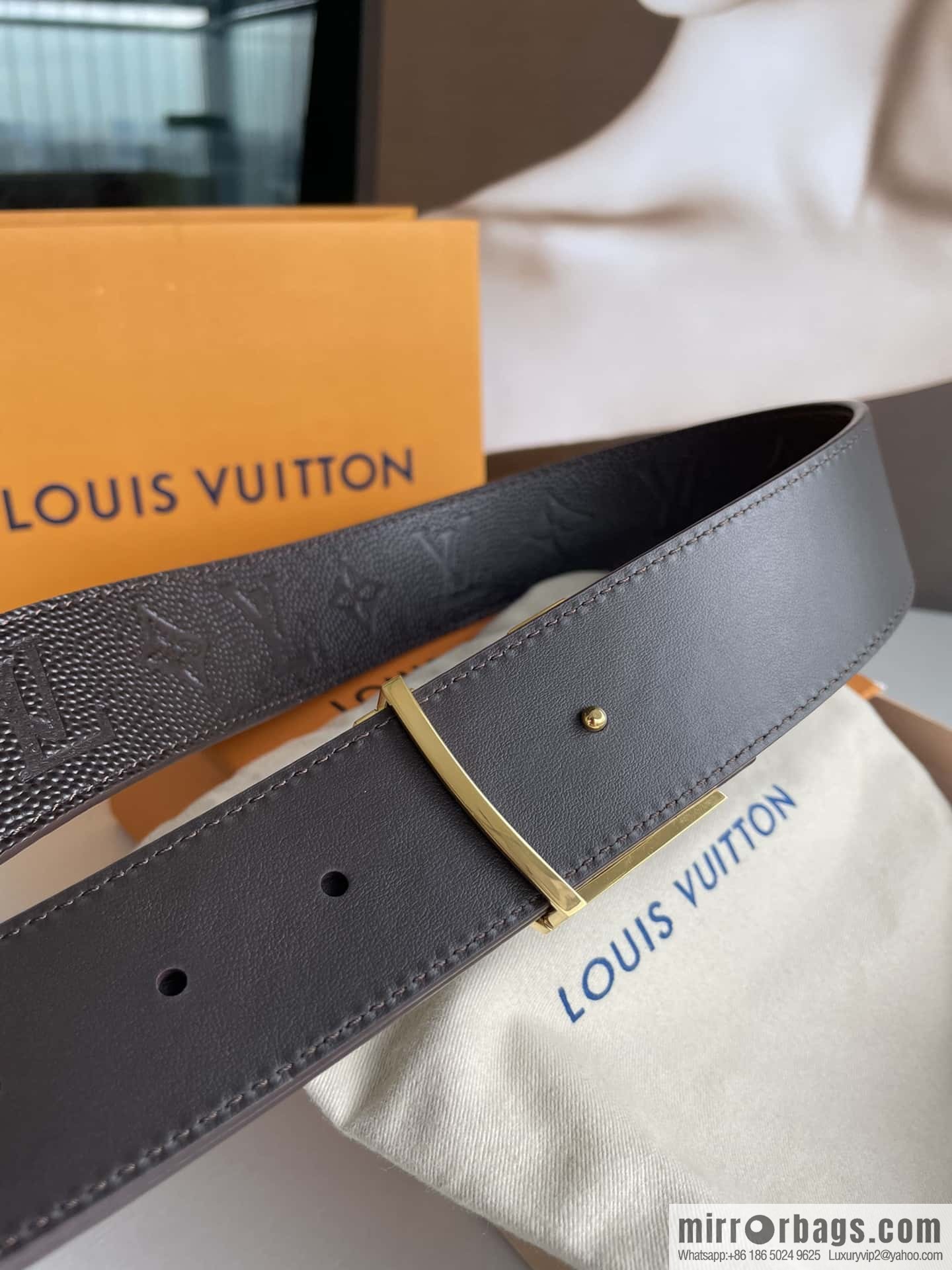 LV embossed presbyopia imported cowhide sticker metal buckle 4.0CM belt