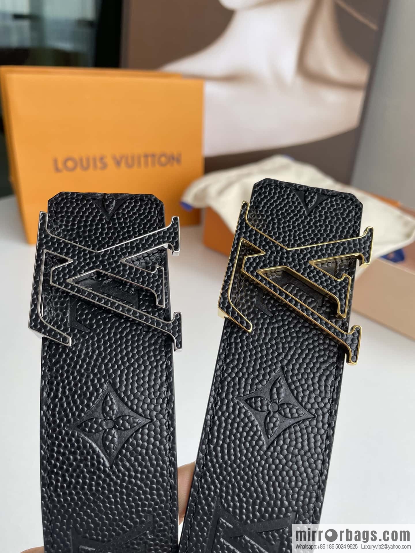 LV embossed presbyopia imported cowhide sticker metal buckle 4.0CM belt