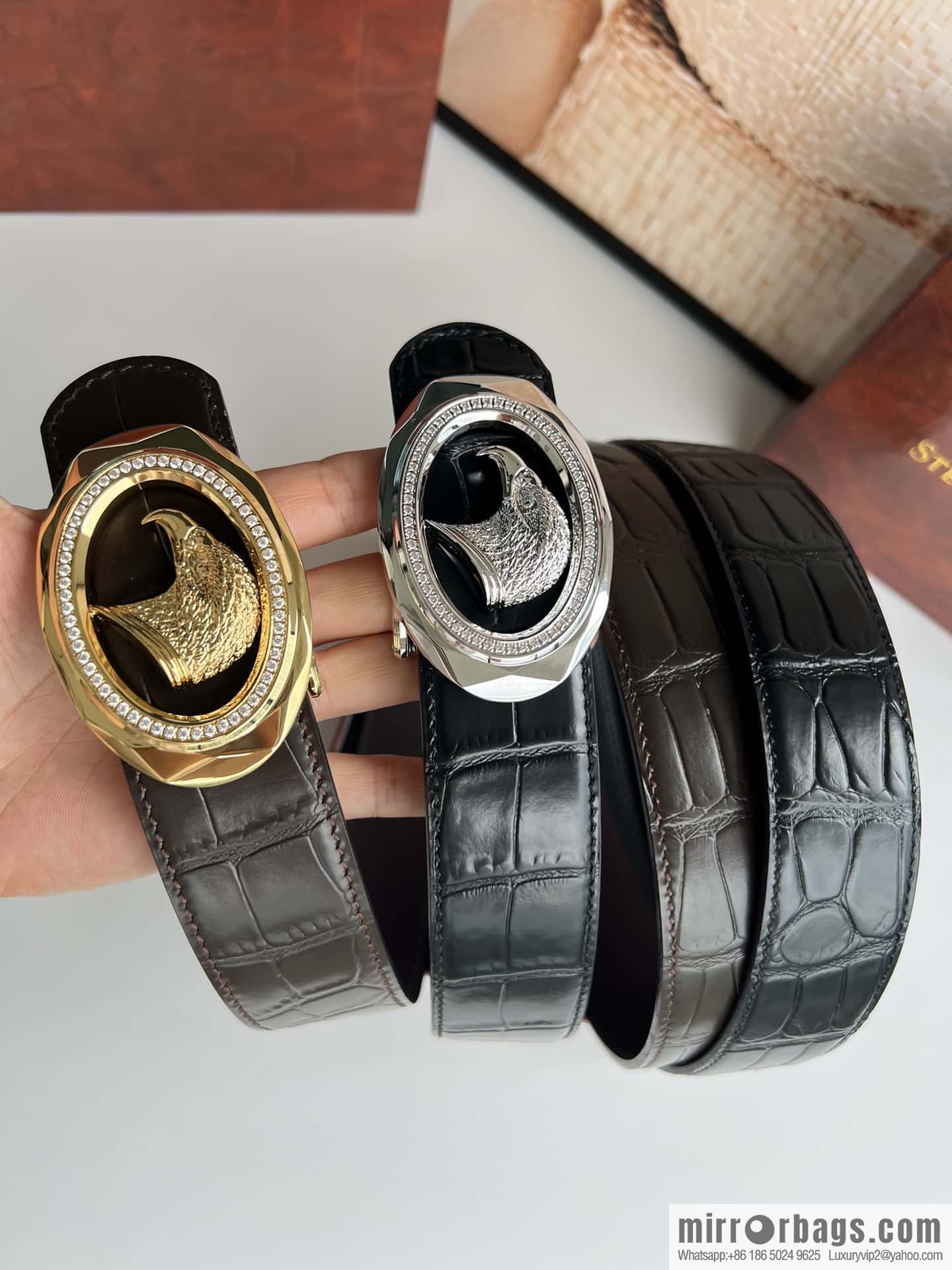 Stefano Ricci Stephen, eagle head with diamond cut buckle, crocodile leather belt 3.8cm