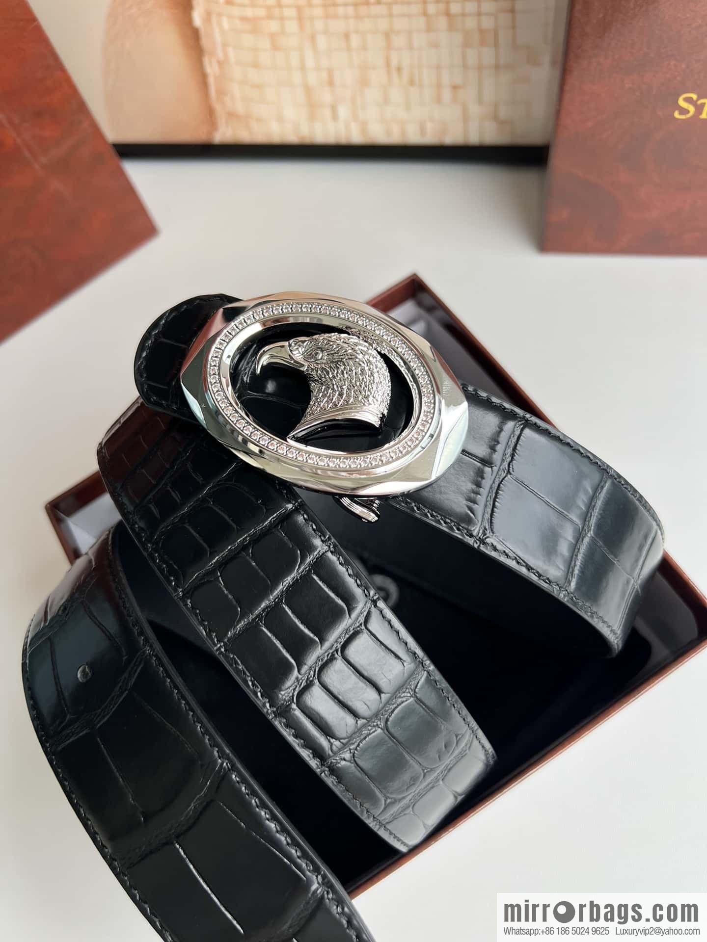 Stefano Ricci Stephen, eagle head with diamond cut buckle, crocodile leather belt 3.8cm