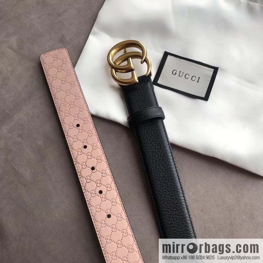 Gucci Gucci new 3.5cm men's and women's same full leather black gold/silver buckle GG belt