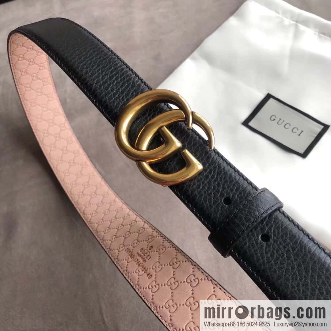 Gucci Gucci new 3.5cm men's and women's same full leather black gold/silver buckle GG belt