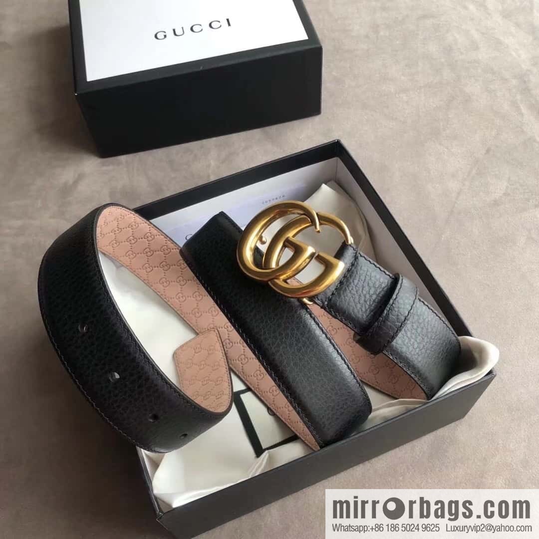 Gucci Gucci new 3.5cm men's and women's same full leather black gold/silver buckle GG belt