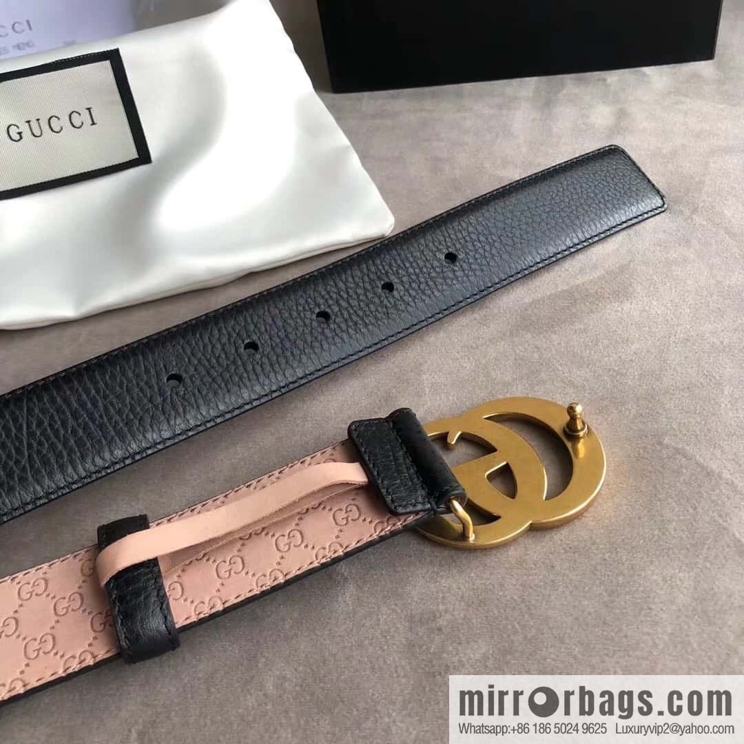 Gucci Gucci new 3.5cm men's and women's same full leather black gold/silver buckle GG belt