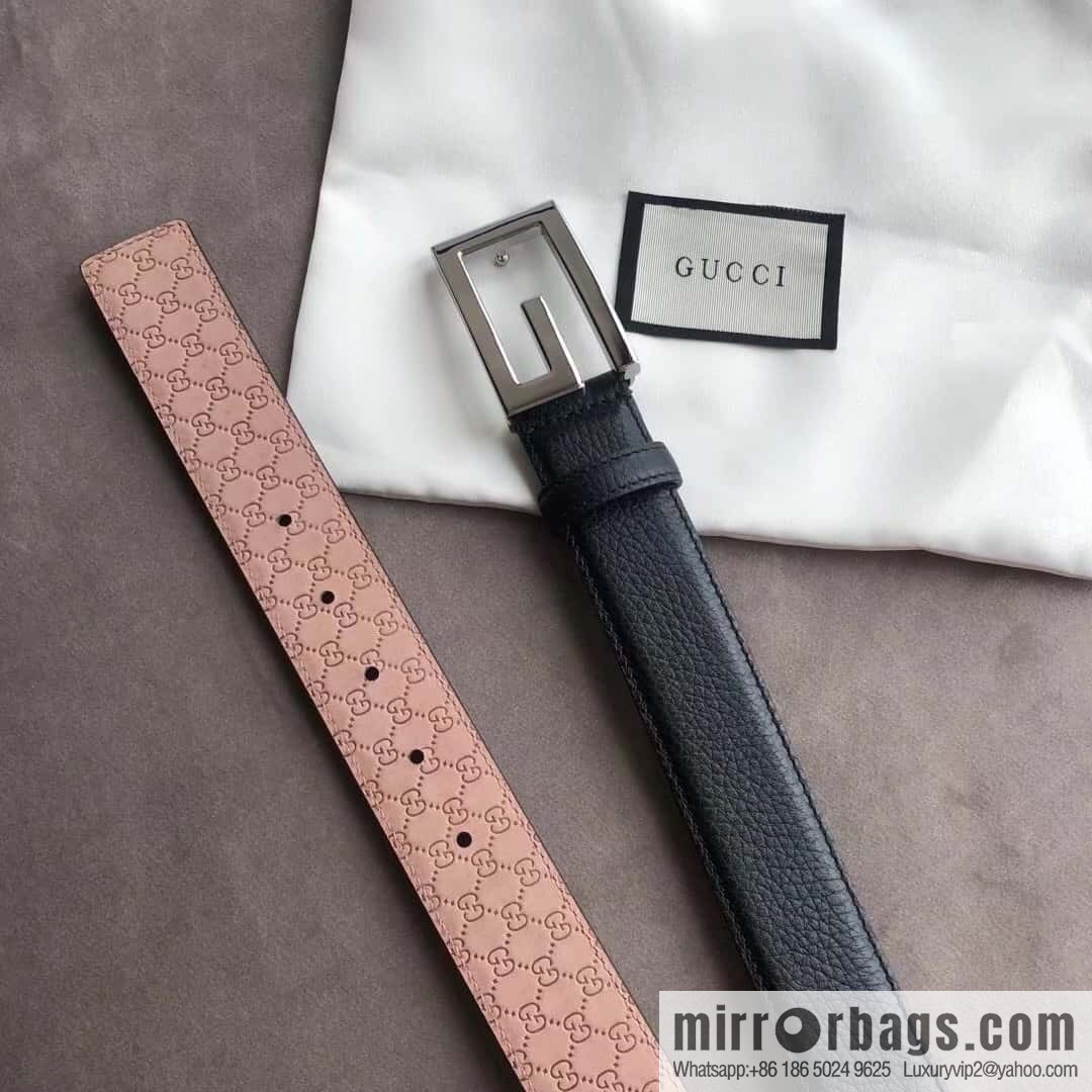 Gucci Gucci new 3.5cm men's and women's same full leather black gold/silver buckle GG belt