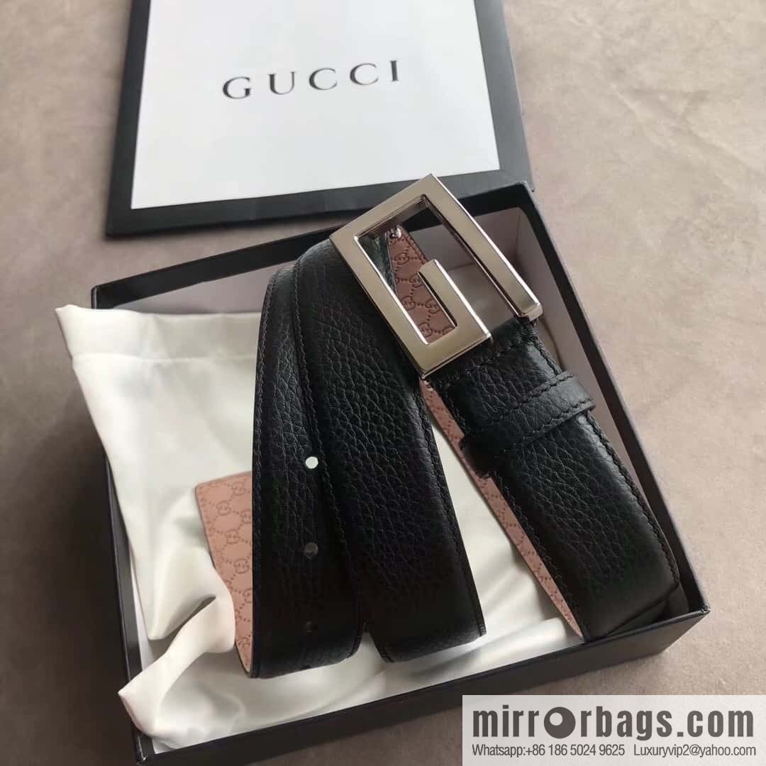 Gucci Gucci new 3.5cm men's and women's same full leather black gold/silver buckle GG belt