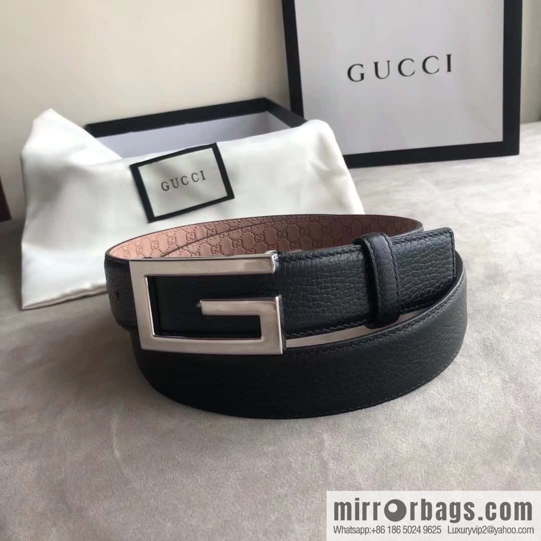 Gucci Gucci new 3.5cm men's and women's same full leather black gold/silver buckle GG belt