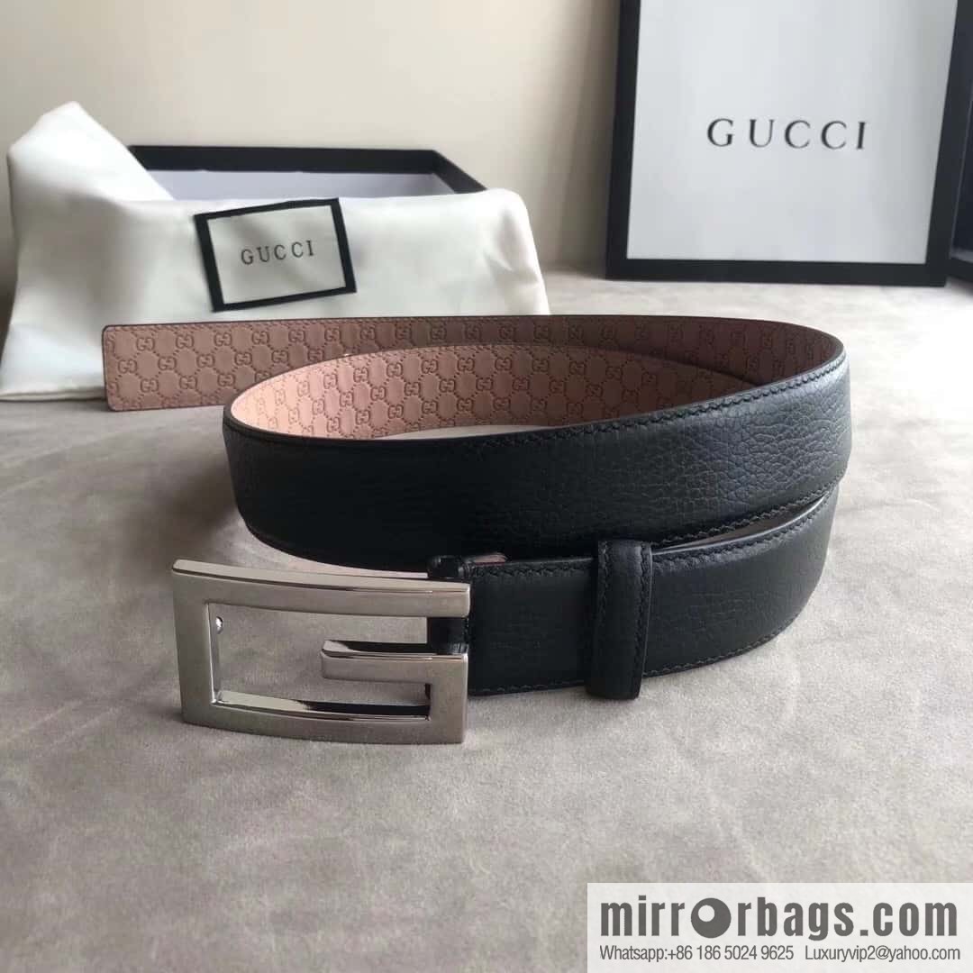 Gucci Gucci new 3.5cm men's and women's same full leather black gold/silver buckle GG belt