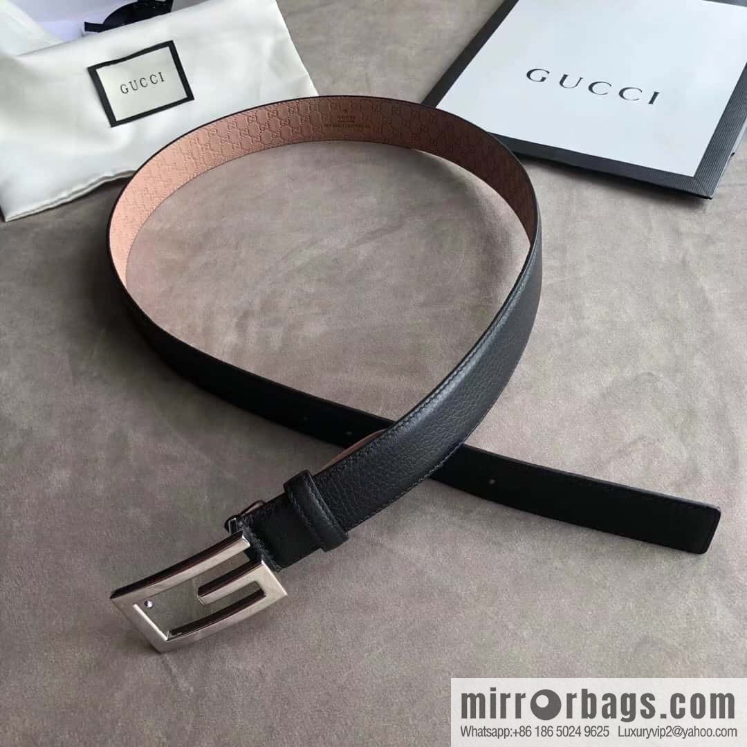 Gucci Gucci new 3.5cm men's and women's same full leather black gold/silver buckle GG belt