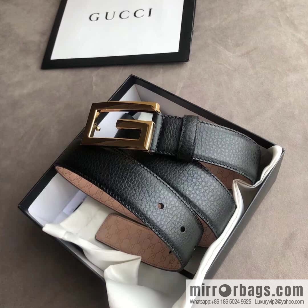 Gucci Gucci new 3.5cm men's and women's same full leather black gold/silver buckle GG belt