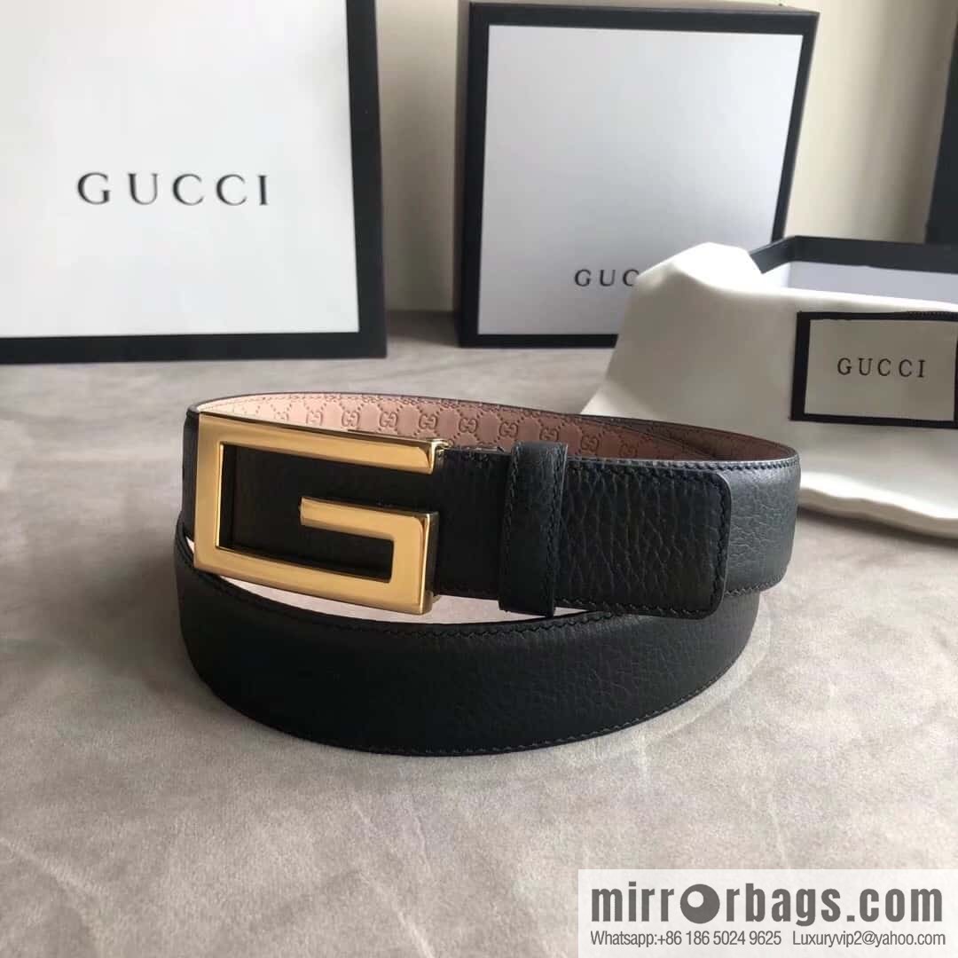 Gucci Gucci new 3.5cm men's and women's same full leather black gold/silver buckle GG belt