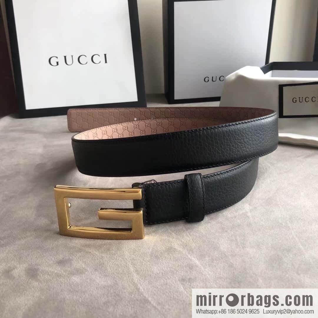 Gucci Gucci new 3.5cm men's and women's same full leather black gold/silver buckle GG belt