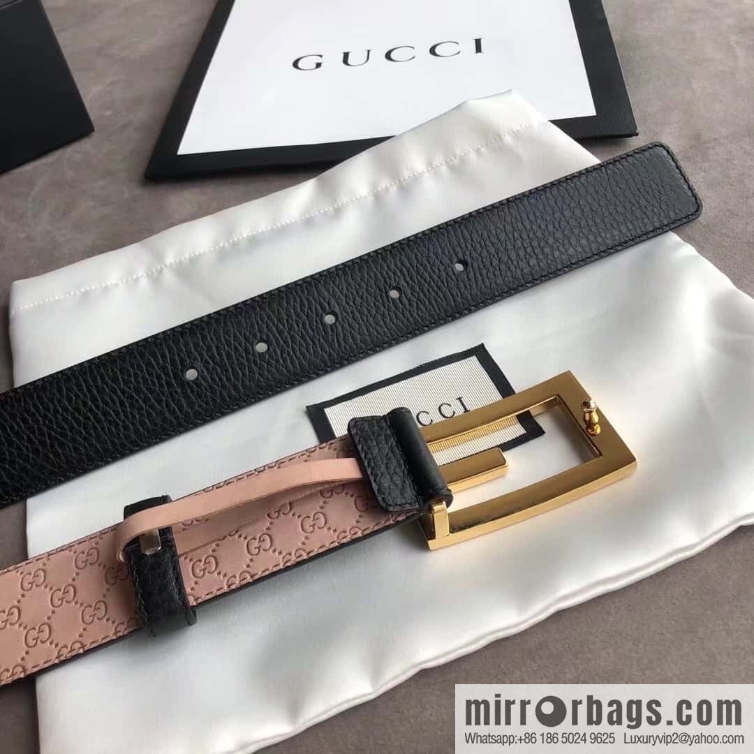 Gucci Gucci new 3.5cm men's and women's same full leather black gold/silver buckle GG belt