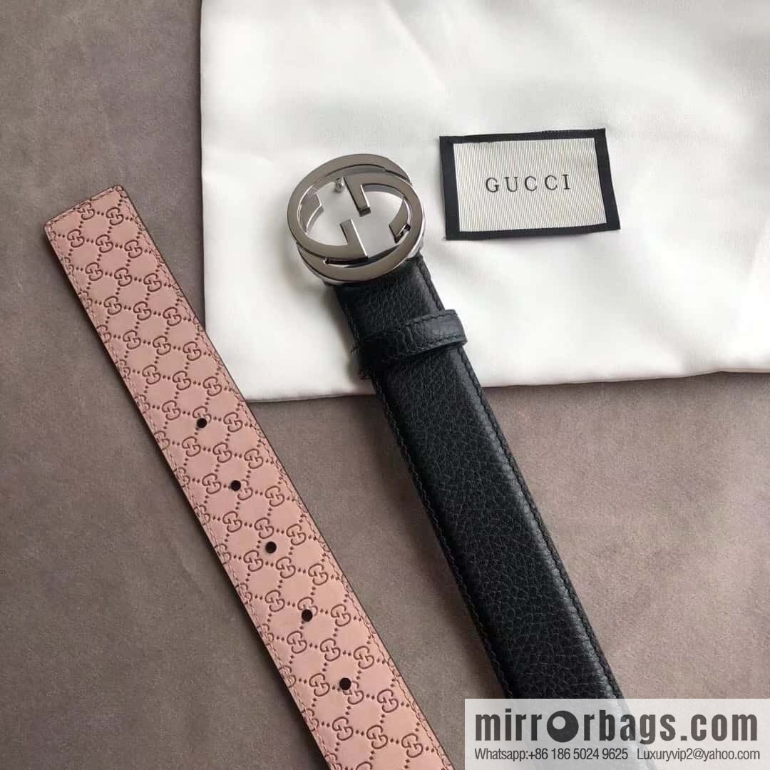 Gucci Gucci new 3.5cm men's and women's same full leather black gold/silver buckle GG belt