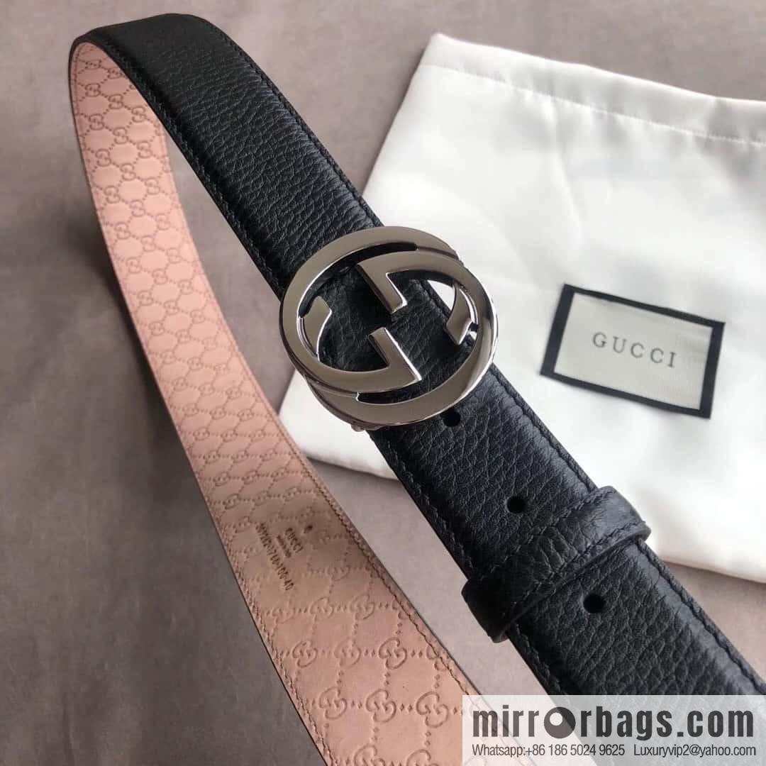 Gucci Gucci new 3.5cm men's and women's same full leather black gold/silver buckle GG belt