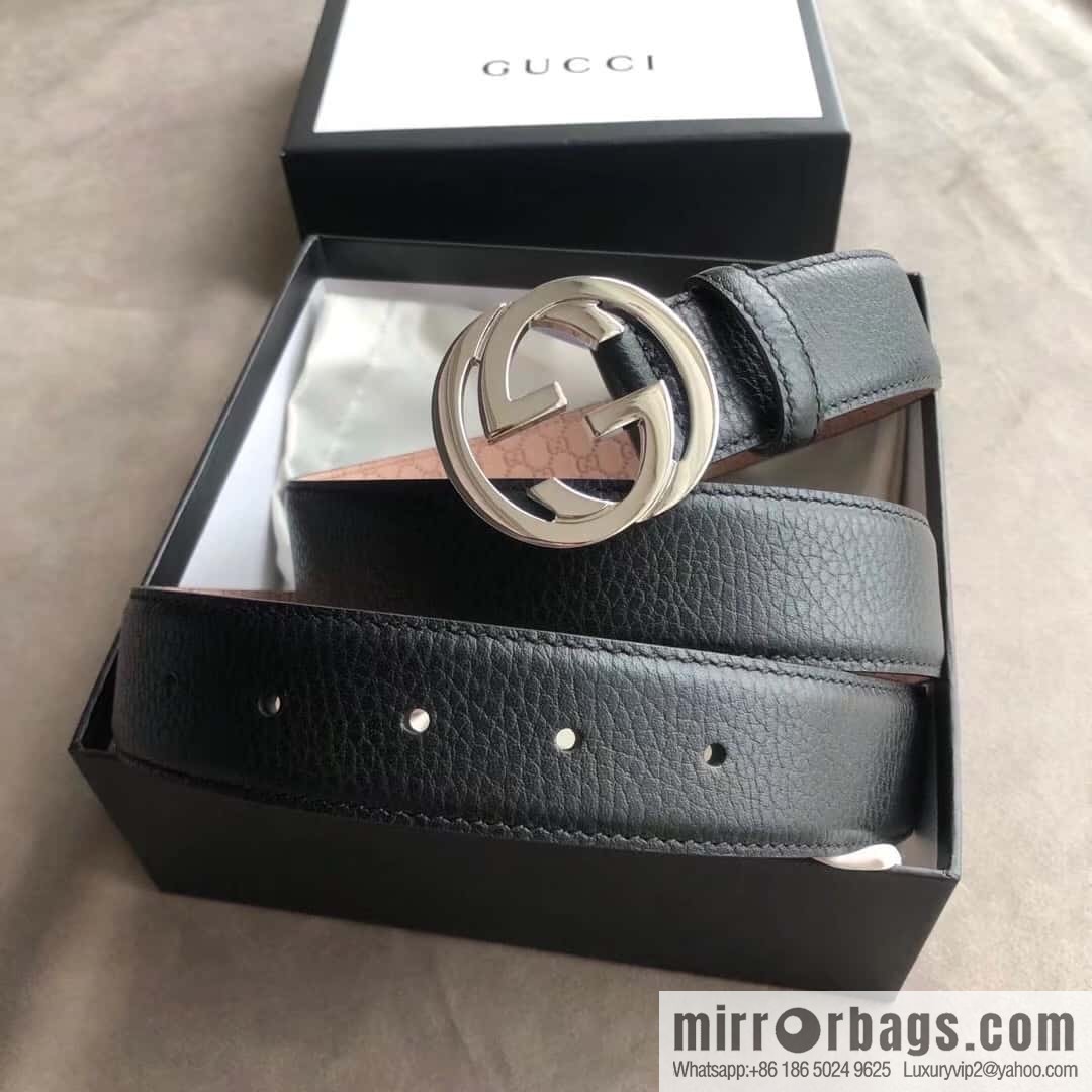 Gucci Gucci new 3.5cm men's and women's same full leather black gold/silver buckle GG belt