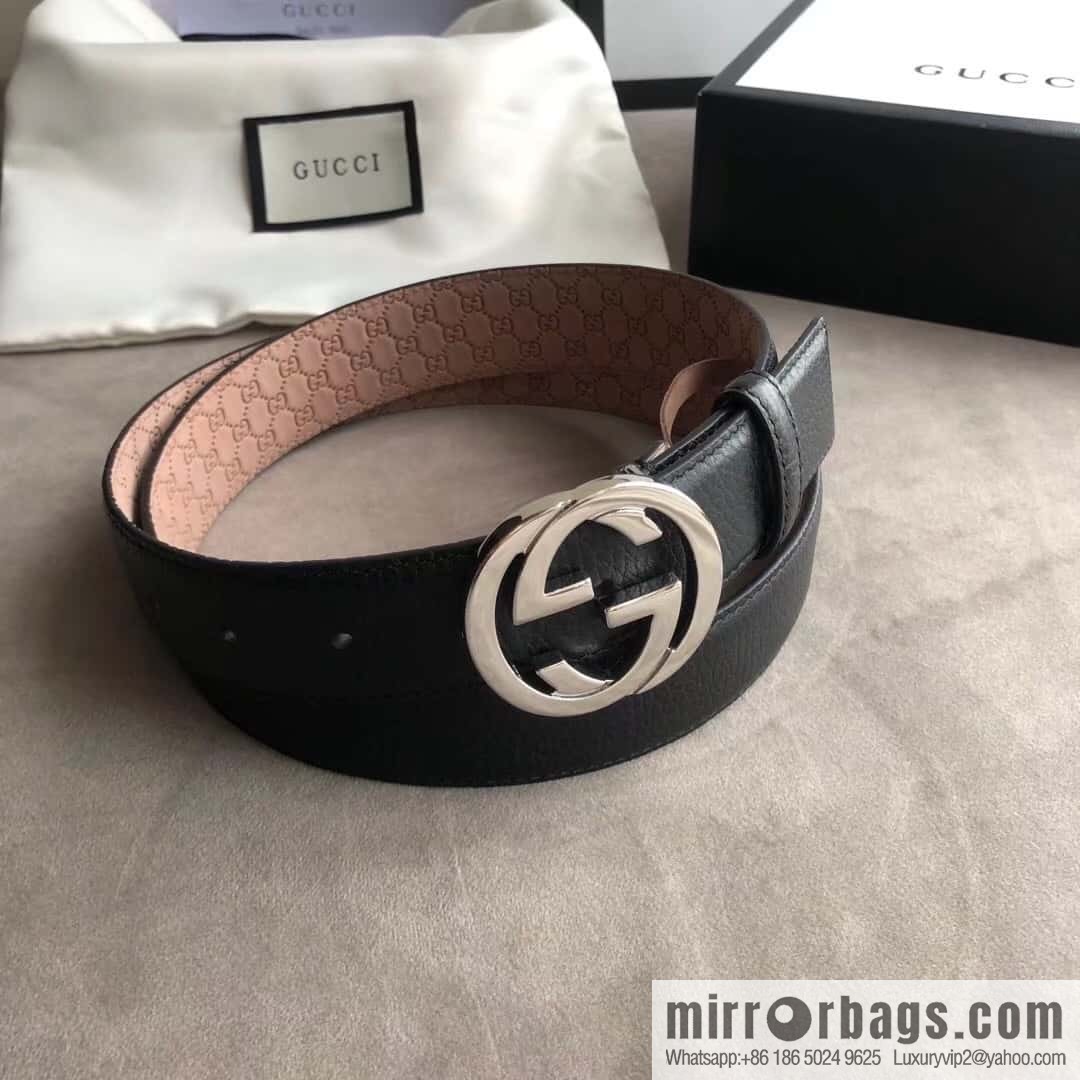 Gucci Gucci new 3.5cm men's and women's same full leather black gold/silver buckle GG belt