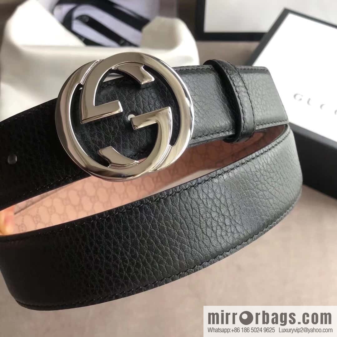 Gucci Gucci new 3.5cm men's and women's same full leather black gold/silver buckle GG belt