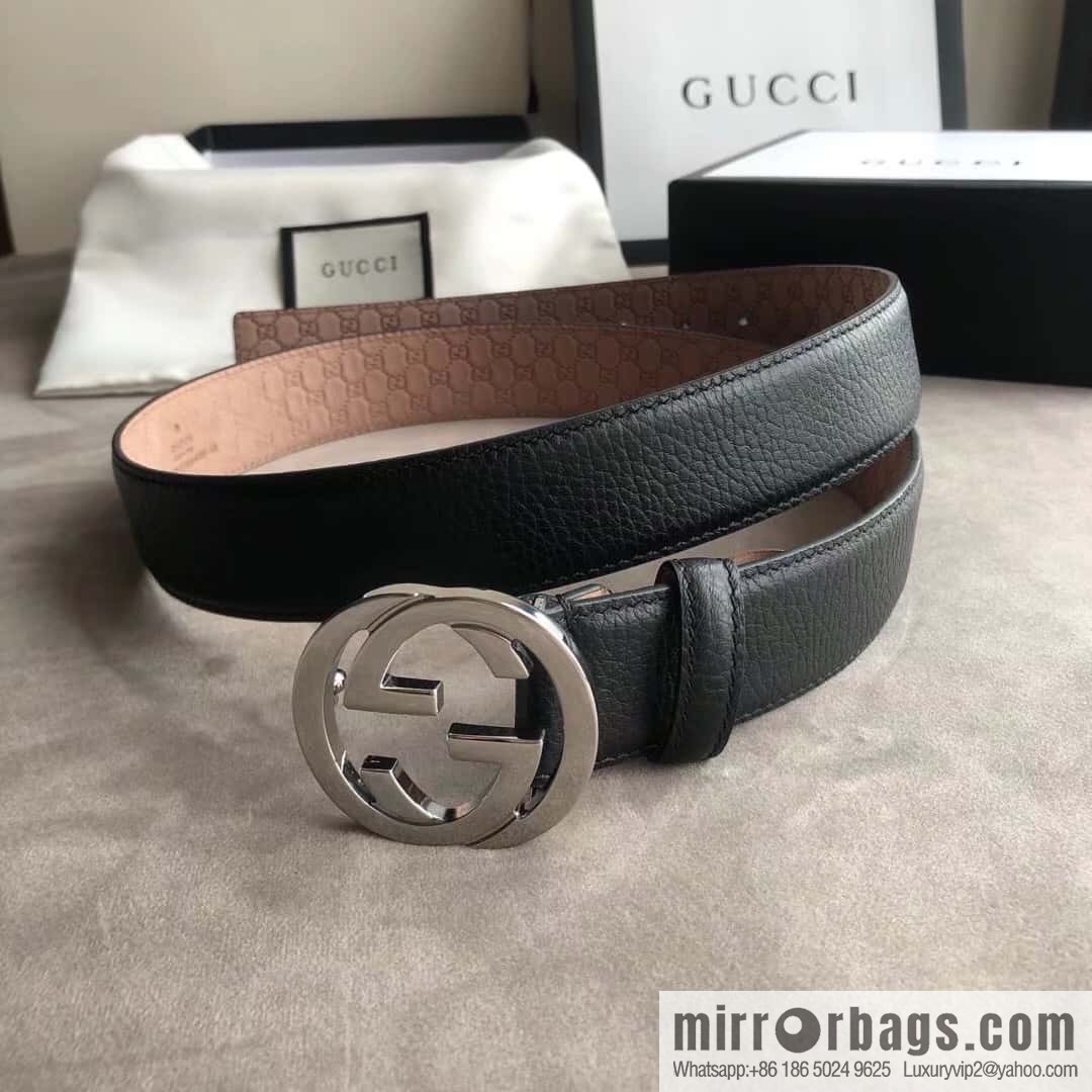 Gucci Gucci new 3.5cm men's and women's same full leather black gold/silver buckle GG belt