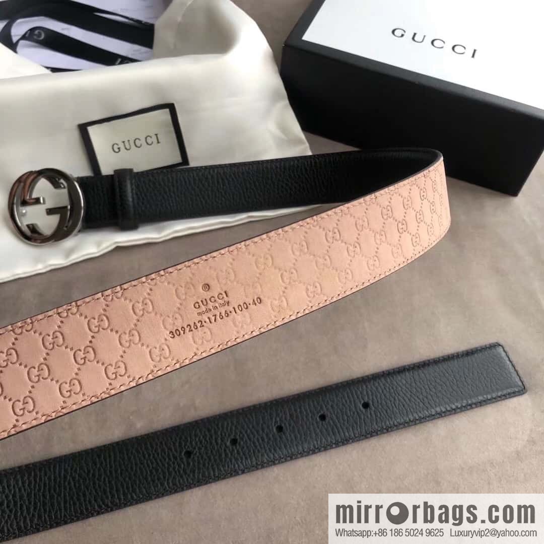 Gucci Gucci new 3.5cm men's and women's same full leather black gold/silver buckle GG belt