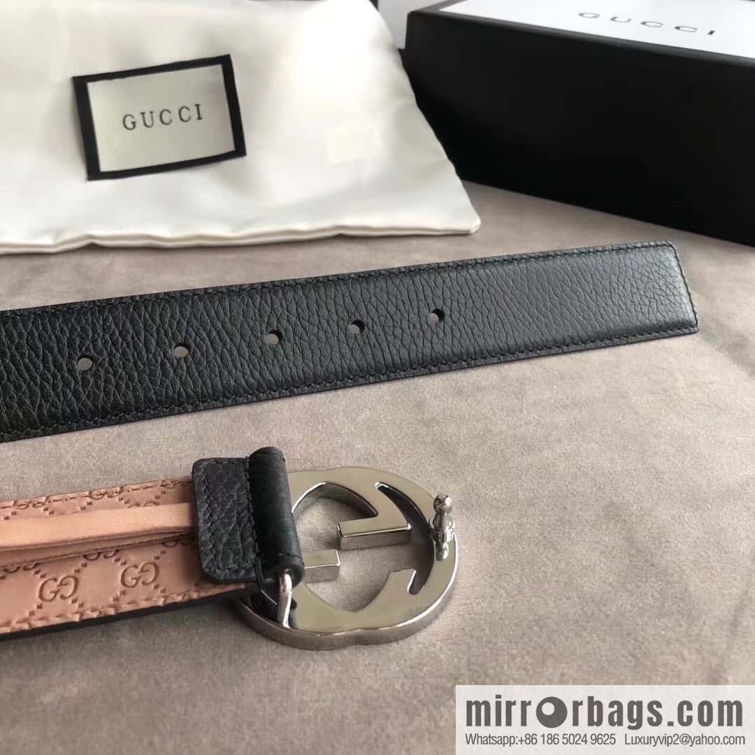 Gucci Gucci new 3.5cm men's and women's same full leather black gold/silver buckle GG belt