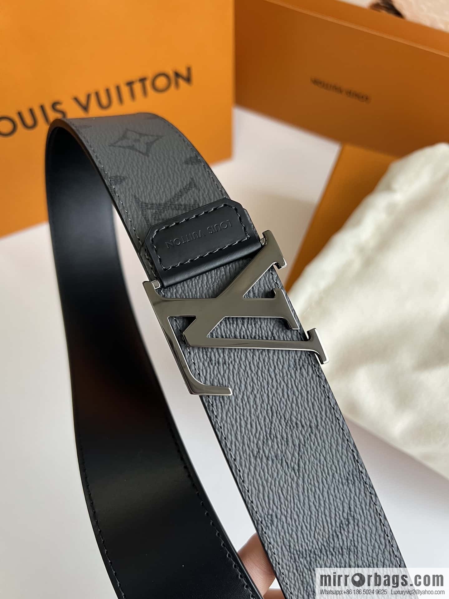 LV Monogram Canvas and Plain Cow Leather Tag Double Sided Belt 40mm