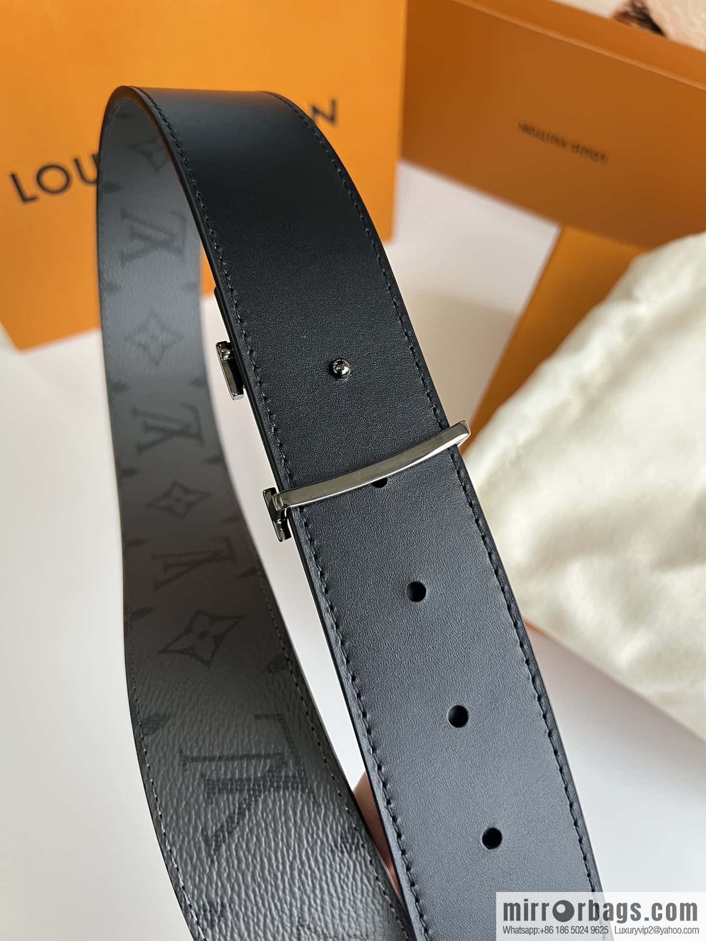 LV Monogram Canvas and Plain Cow Leather Tag Double Sided Belt 40mm