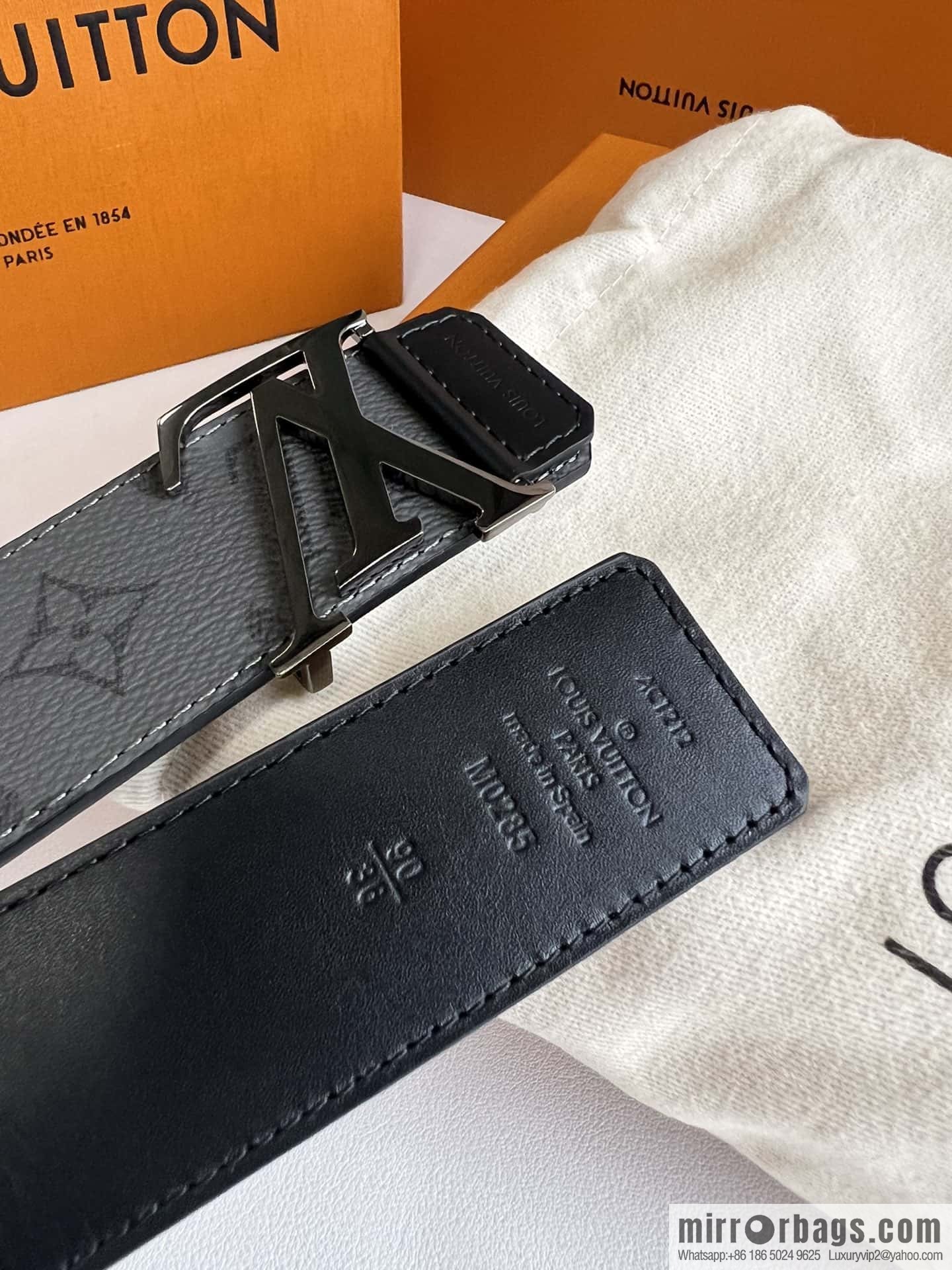 LV Monogram Canvas and Plain Cow Leather Tag Double Sided Belt 40mm