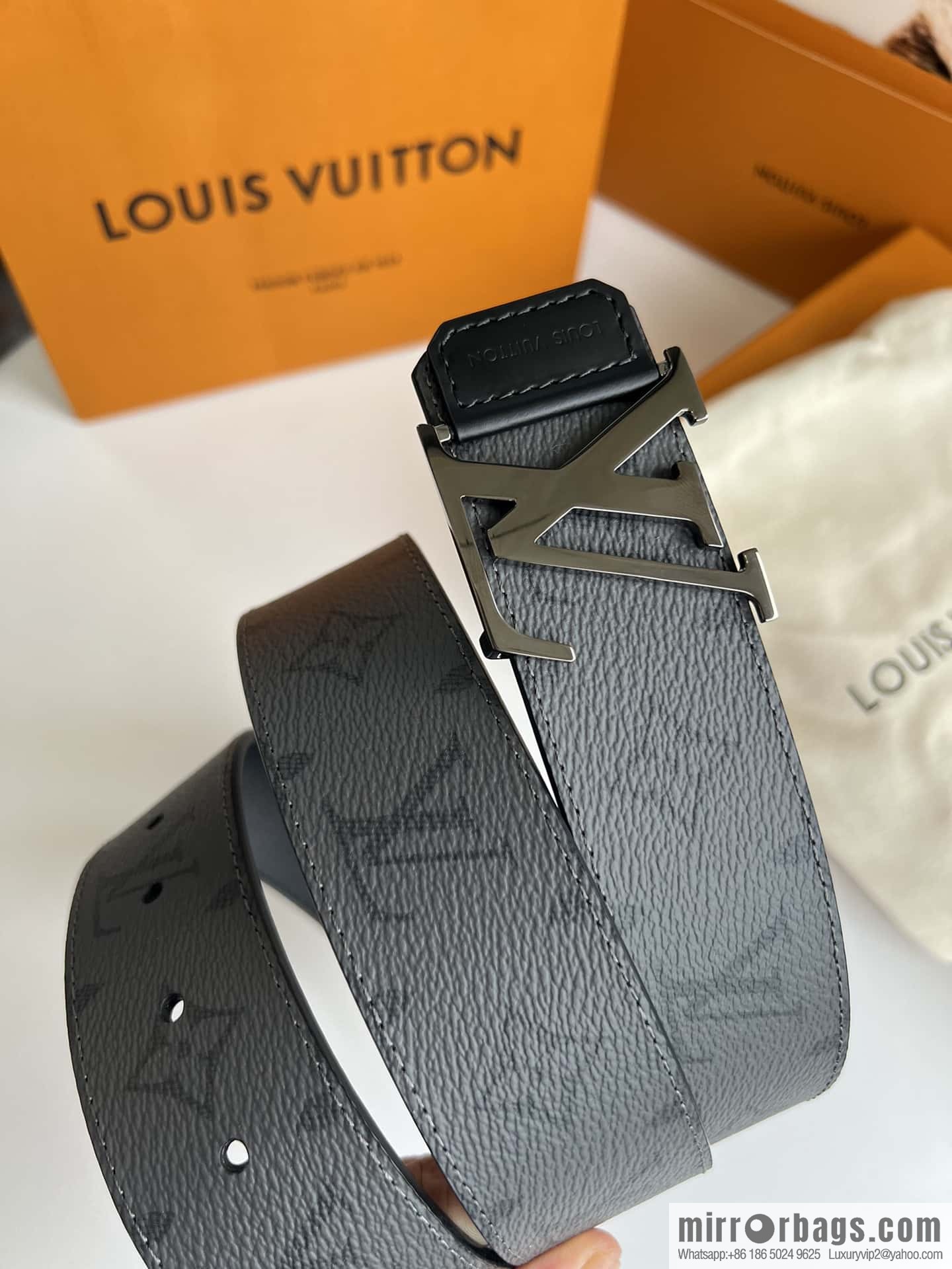 LV Monogram Canvas and Plain Cow Leather Tag Double Sided Belt 40mm