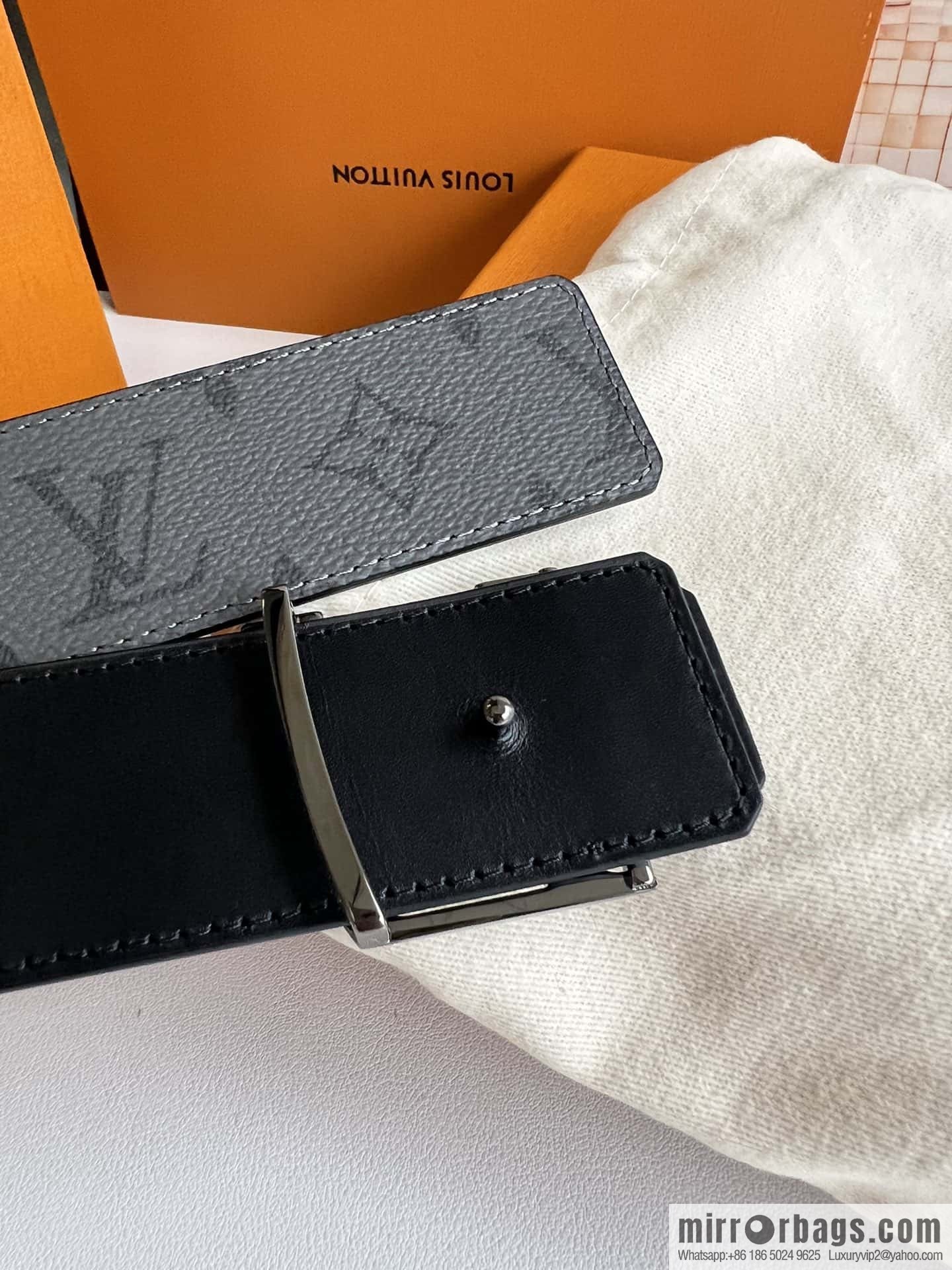 LV Monogram Canvas and Plain Cow Leather Tag Double Sided Belt 40mm