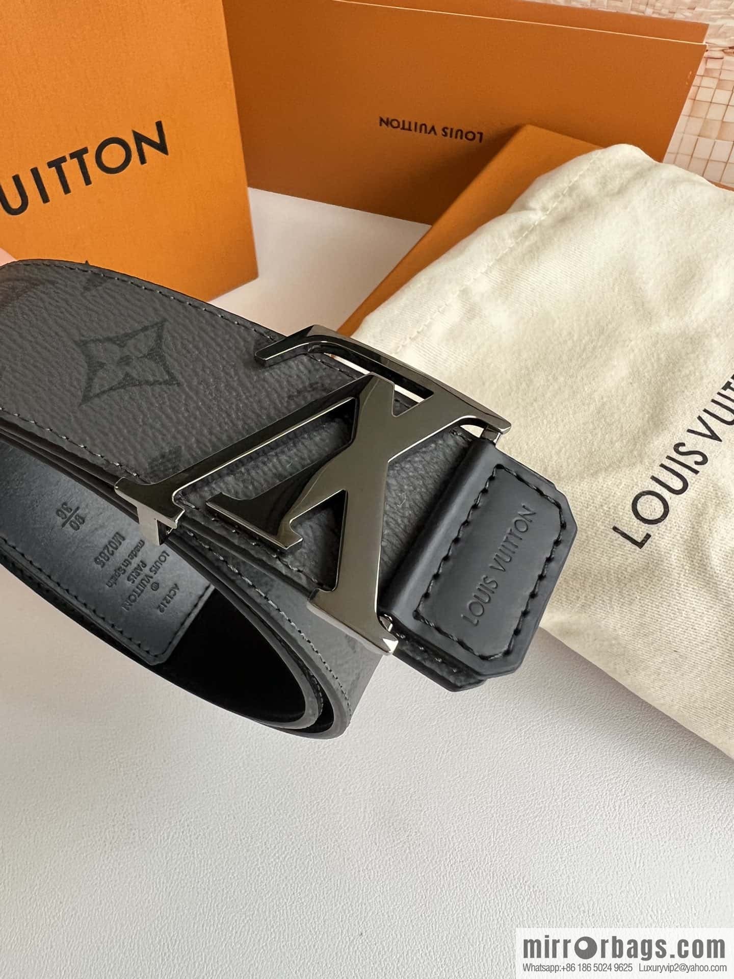 LV Monogram Canvas and Plain Cow Leather Tag Double Sided Belt 40mm