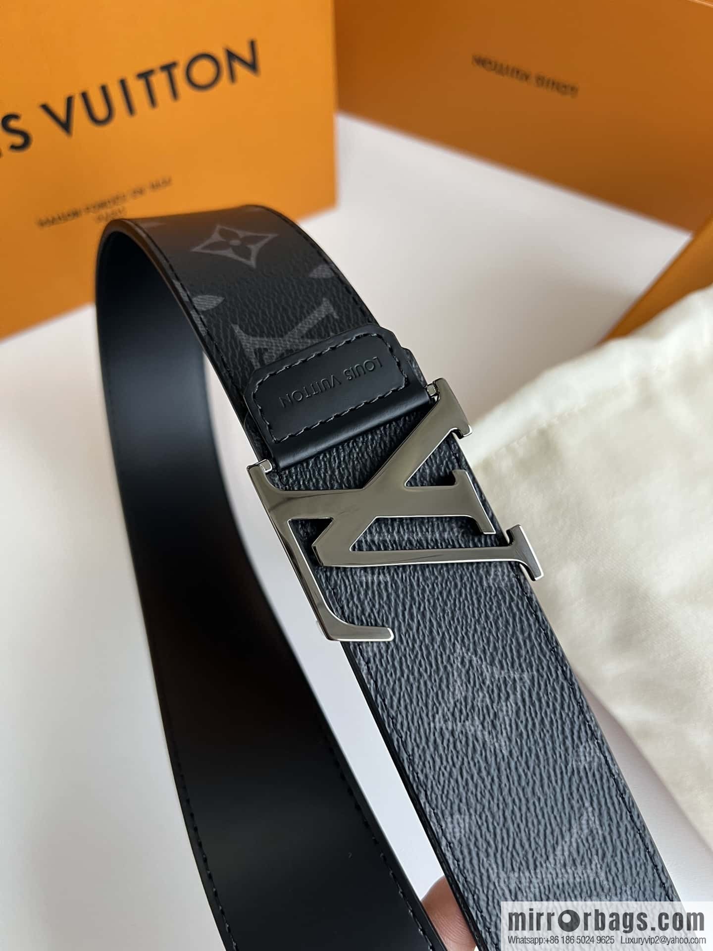 LV Monogram Canvas and Plain Cow Leather Tag Double Sided Belt 40mm